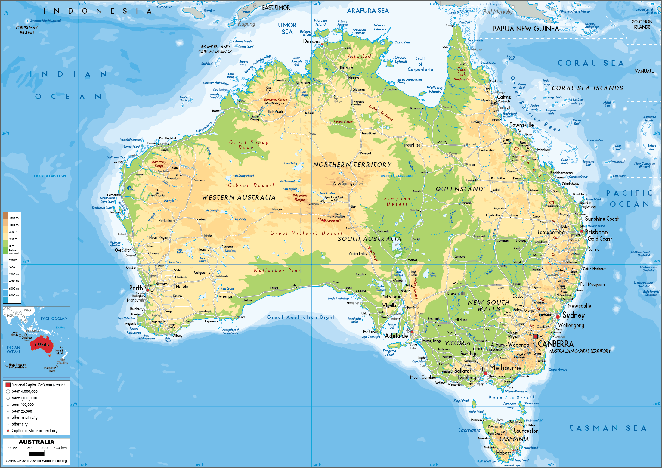 Large Size Physical Map Of Australia Worldometer