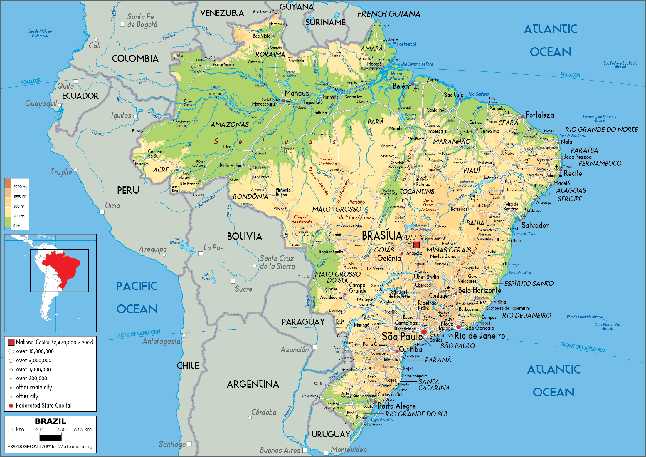 Large Size Physical Map Of Brazil Worldometer