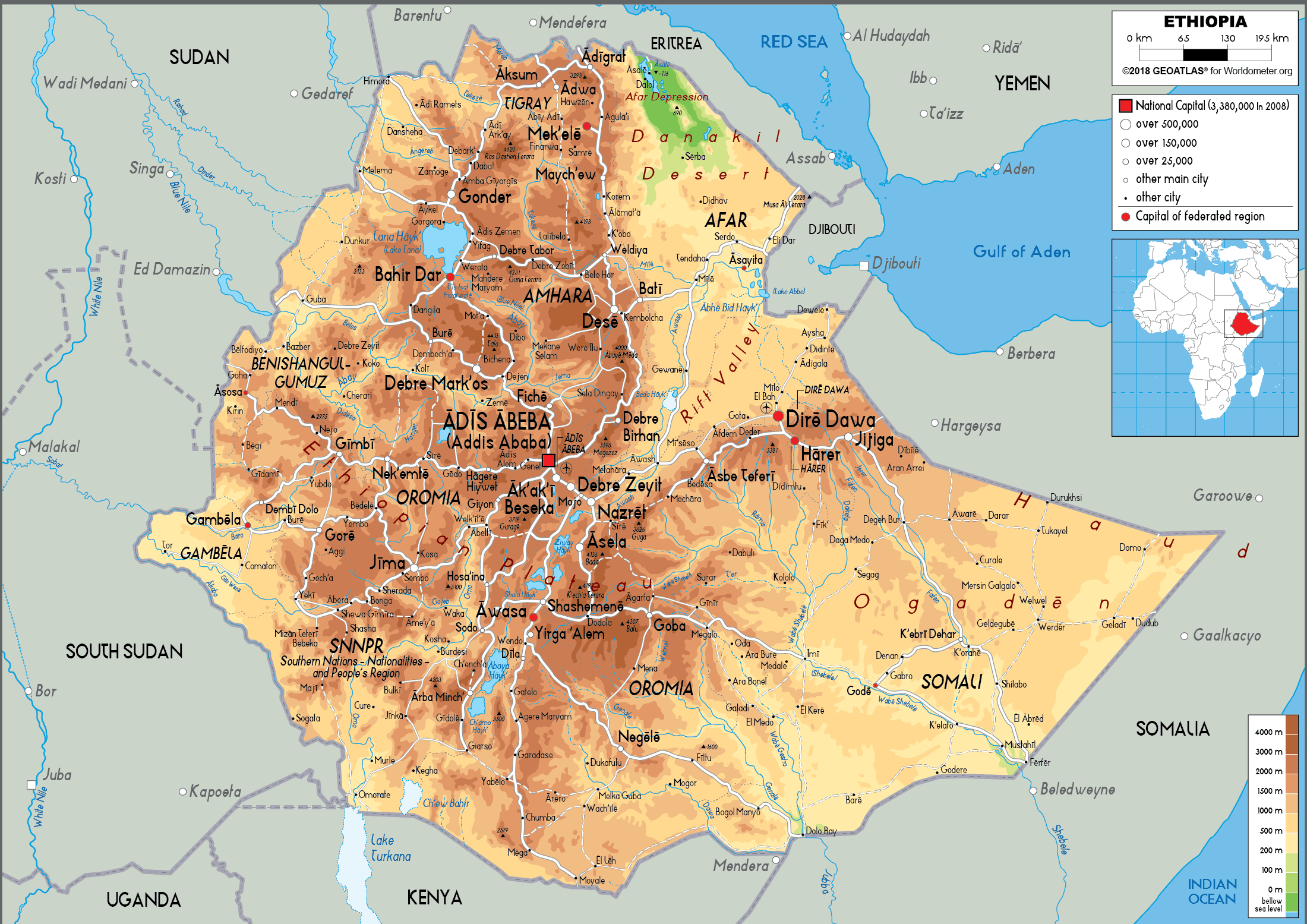 Ethiopia Map Physical Worldometer