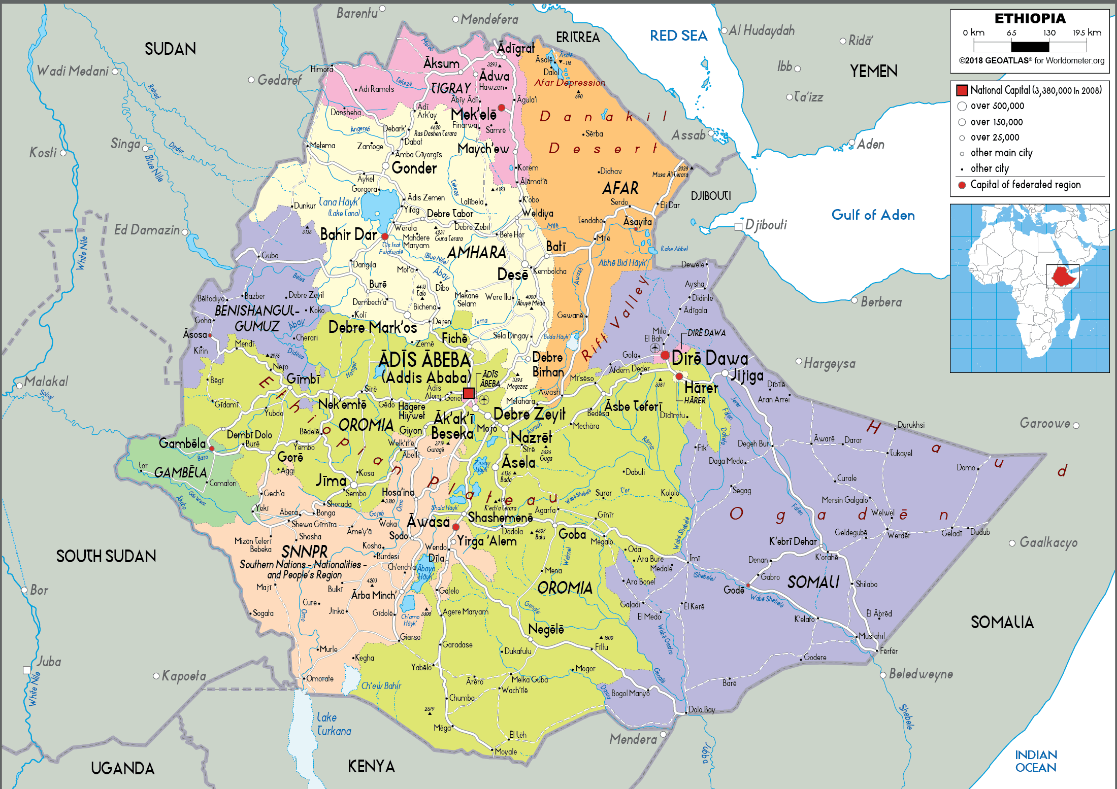 Large size Political Map of Ethiopia Worldometer