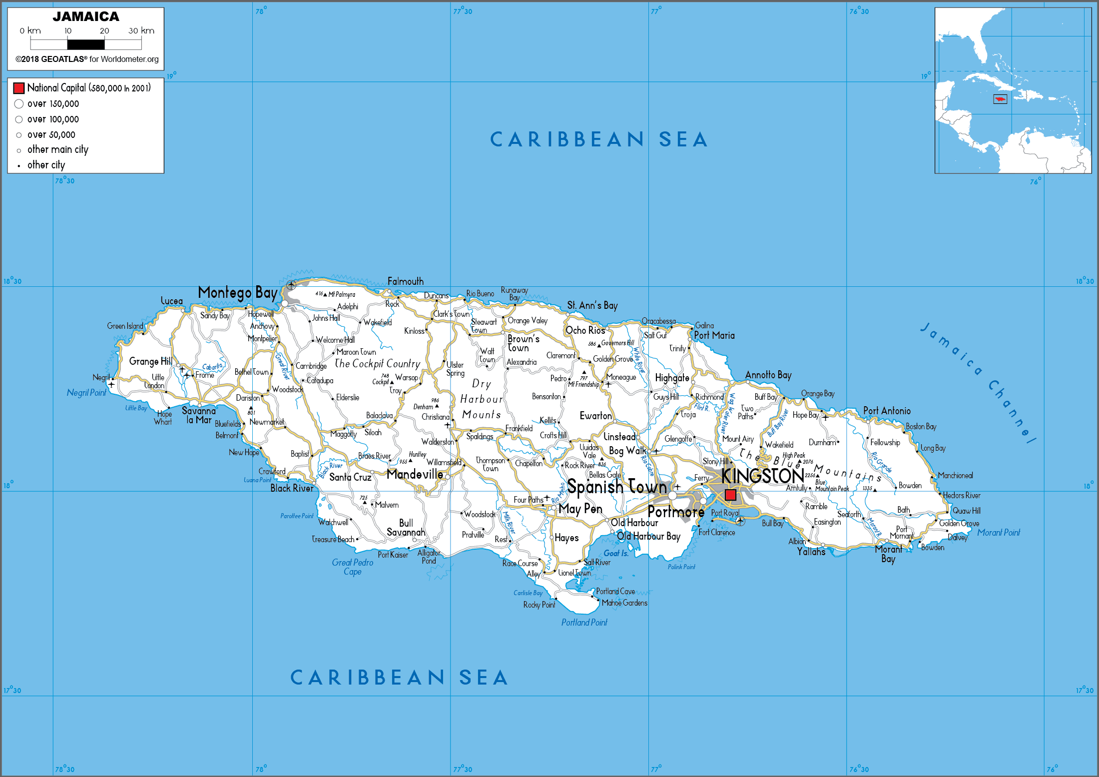 Large Size Road Map Of Jamaica Worldometer
