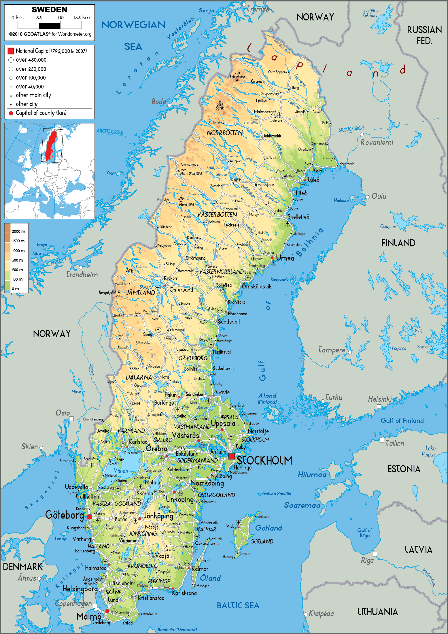 Large Size Physical Map Of Sweden Worldometer
