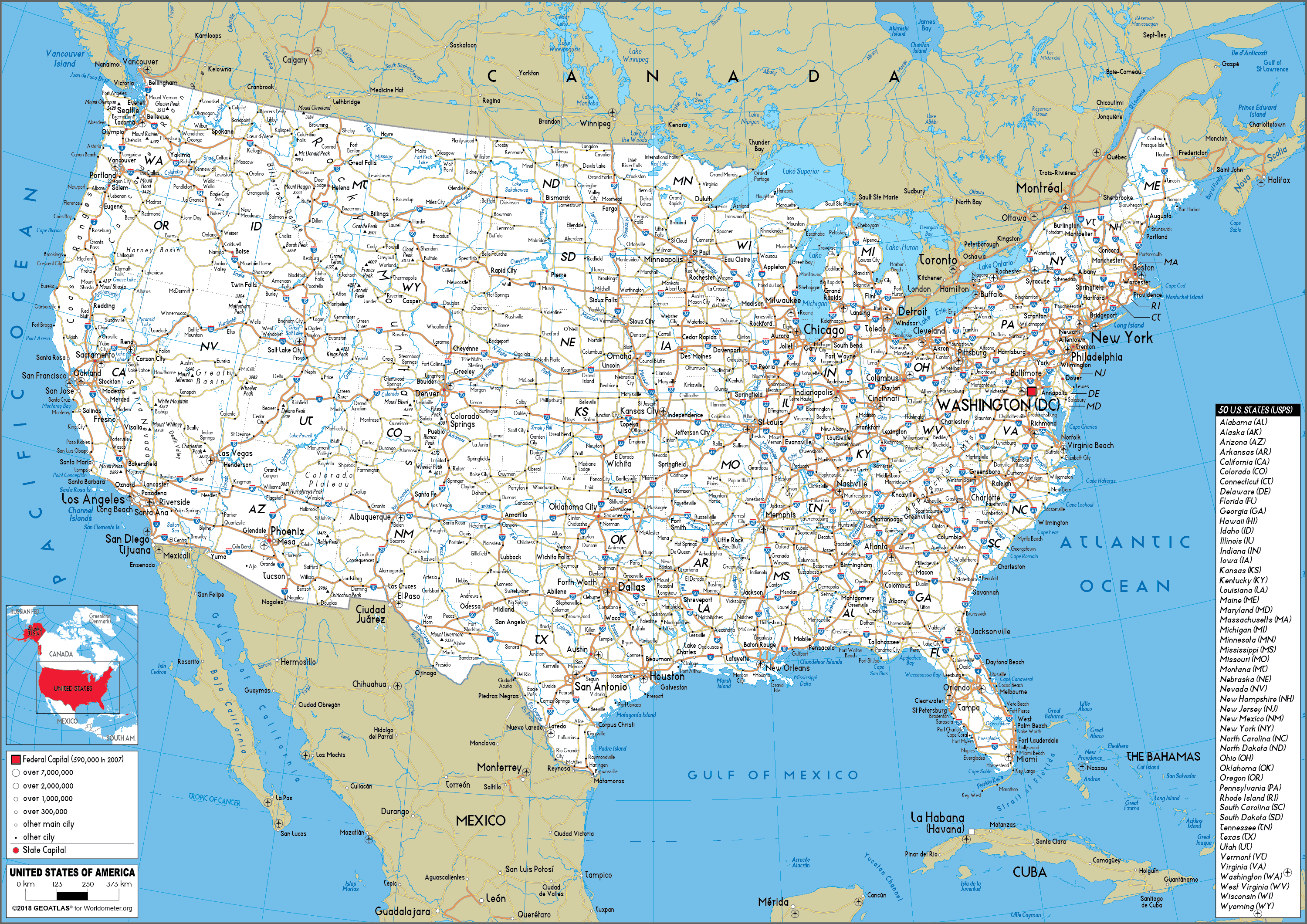 Large size Road Map of the United States - Worldometer