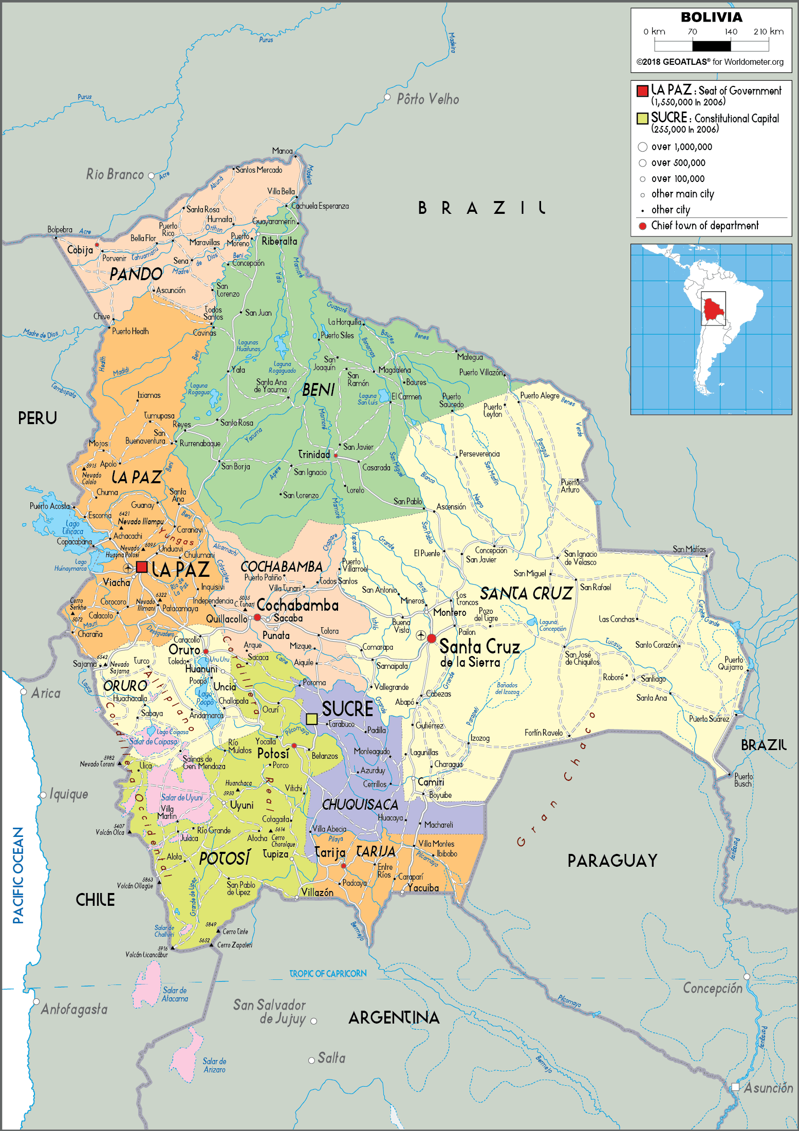 Large size Political Map of Bolivia - Worldometer
