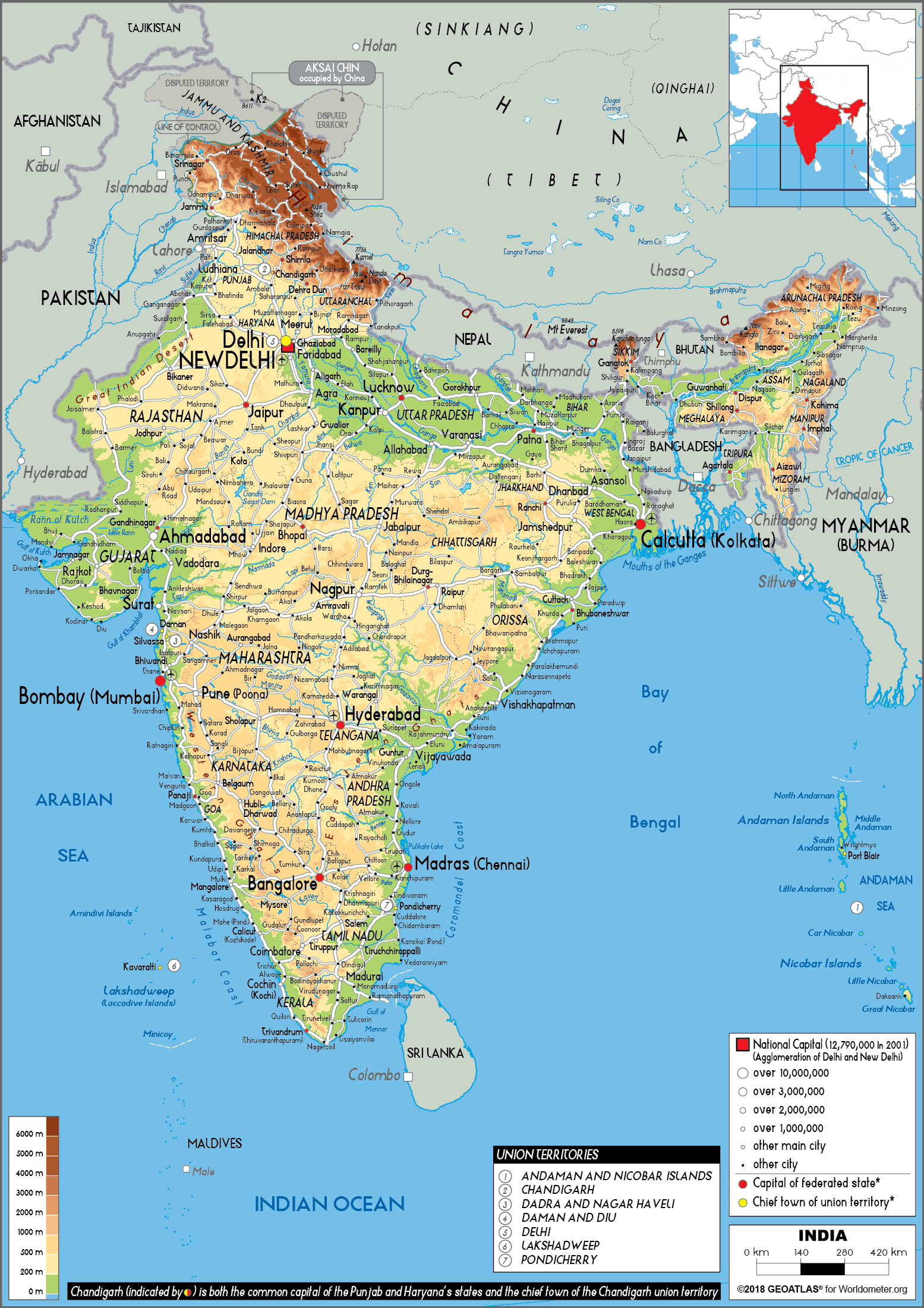 Large Size Physical Map Of India Worldometer   India Physical Map 