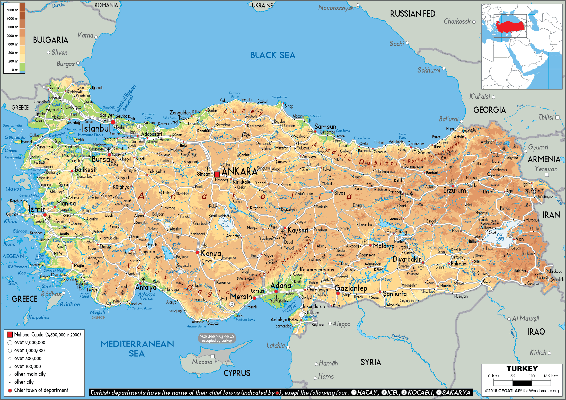 Large size Physical Map of Turkey - Worldometer